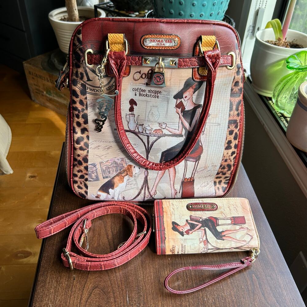 Nicole Lee Red Leopard Café Illustration Crossbody with Matching Wallet
